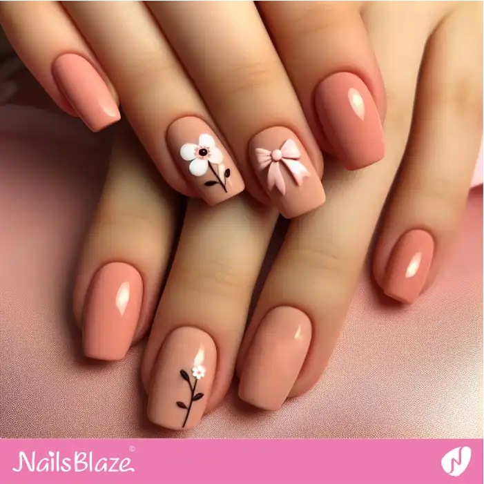 Simple Peach Fuzz Flower and Bow Nail Design | Color of the Year 2024 - NB1923